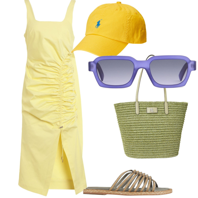 Outfit donna - Colore sotto il sole. Stile Trendy per Tutti i giorni. Abbinamento con vestiti midi/longuette, espadrillas, cappelli, borse tote, occhiali da sole.