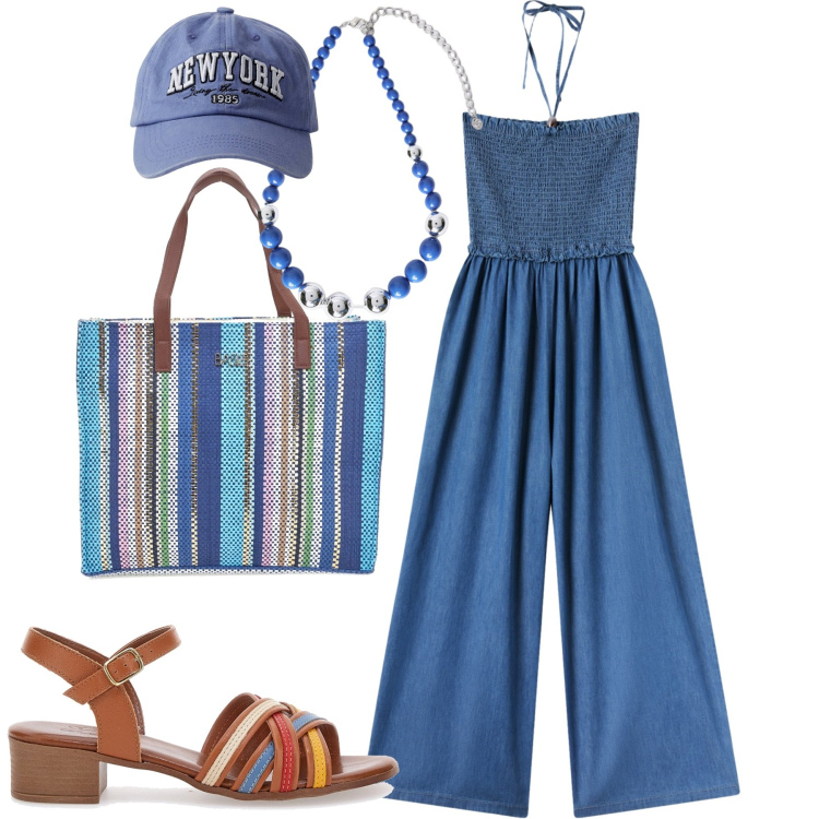 Outfit donna - All mare. Stile Casual chic per Mare. Abbinamento con tute, cappelli, shopping bag, collane, sandali col tacco.