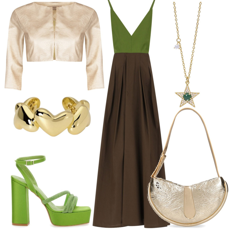 Outfit donna - Occasioni speciali. Stile Glamour per Serata fuori. Abbinamento con collane, anelli, bolero, vestiti lunghi, sandali col tacco, borse a spalla.