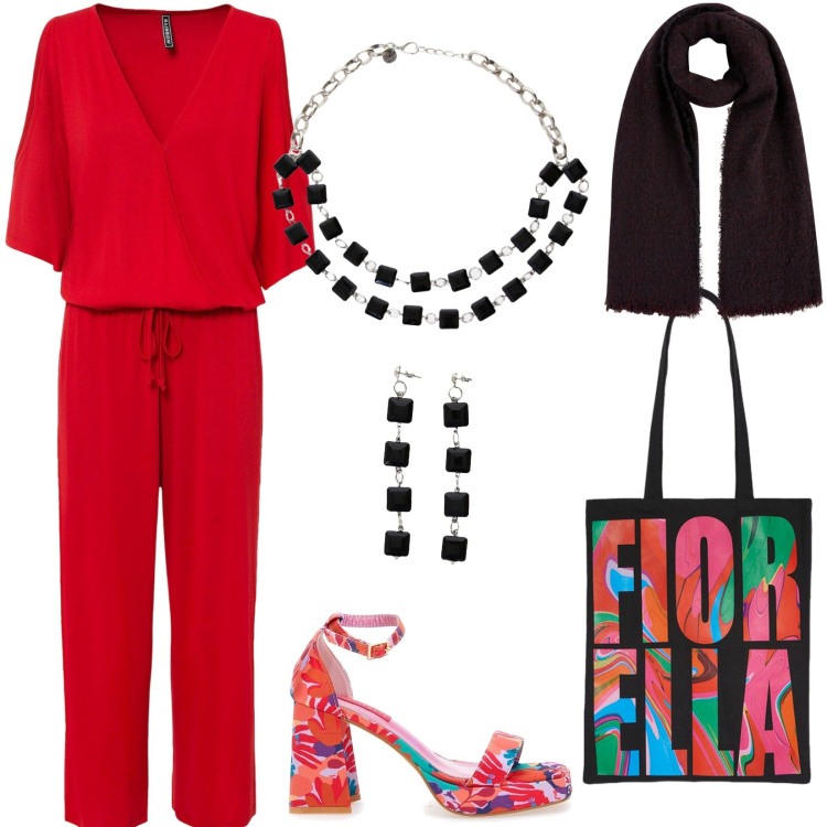 Outfit donna - Estate a colori!. Stile Casual chic per Serata fuori. Abbinamento con tute, collane, orecchini, sandali col tacco, borse tote, sciarpe.