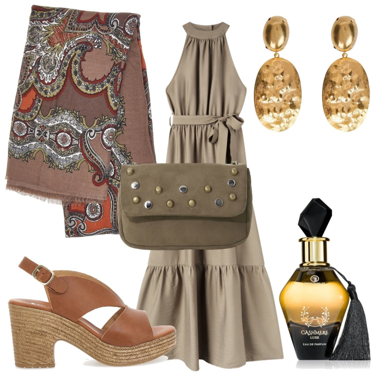 Outfit donna - Aperitivo al tramonto. Stile Casual chic per Serata fuori. Abbinamento con profumi, vestiti lunghi, borse a tracolla, sandali in pelle, foulard, orecchini.