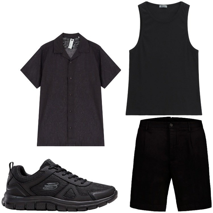 Outfit uomo - Nero summer. Stile Casual per Tutti i giorni. Abbinamento con sneakers, camicie a manica corta, canottiere, bermuda.