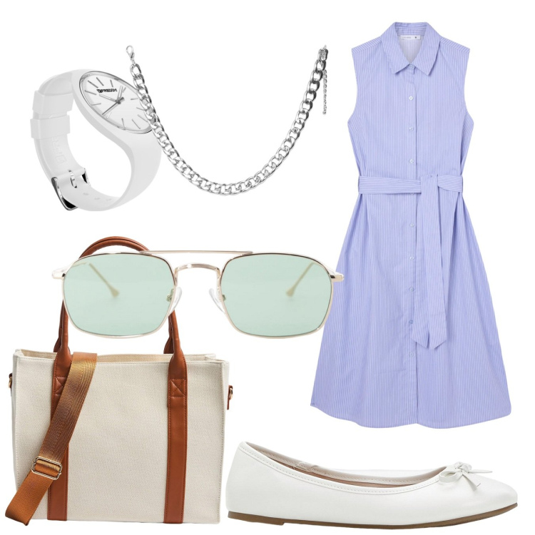 Outfit donna - Total look #2181549. Stile Boho per Tutti i giorni. Abbinamento con ballerine, vestiti chemisier, collane, shopping bag, occhiali da sole, orologi.