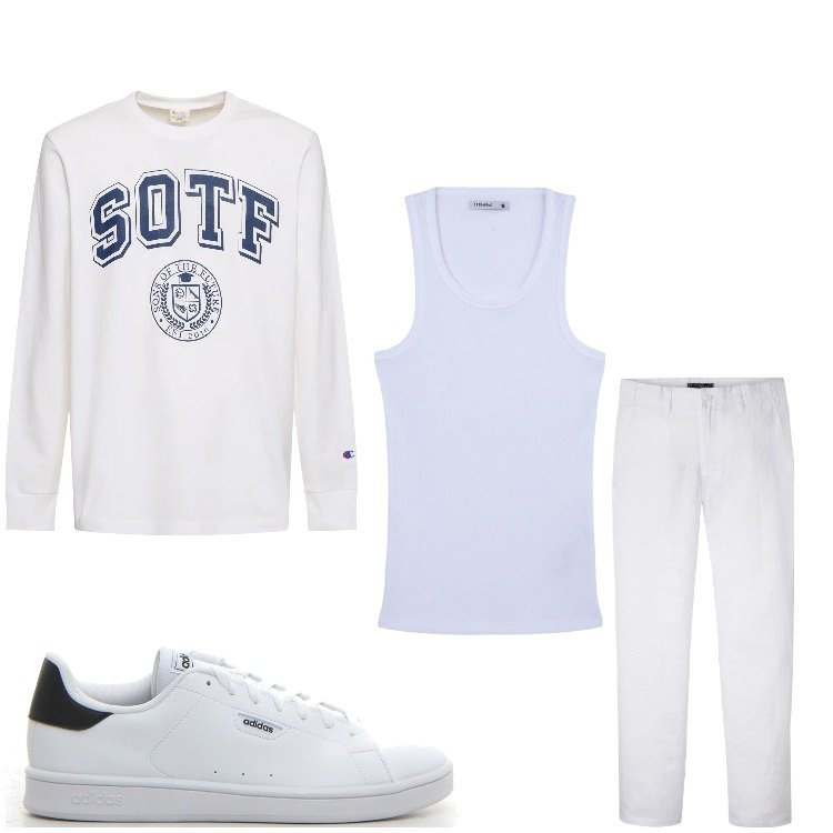 Outfit uomo - Bianco sport. Stile Casual per Tutti i giorni. Abbinamento con pantaloni, canottiere, t-shirt, sneakers.