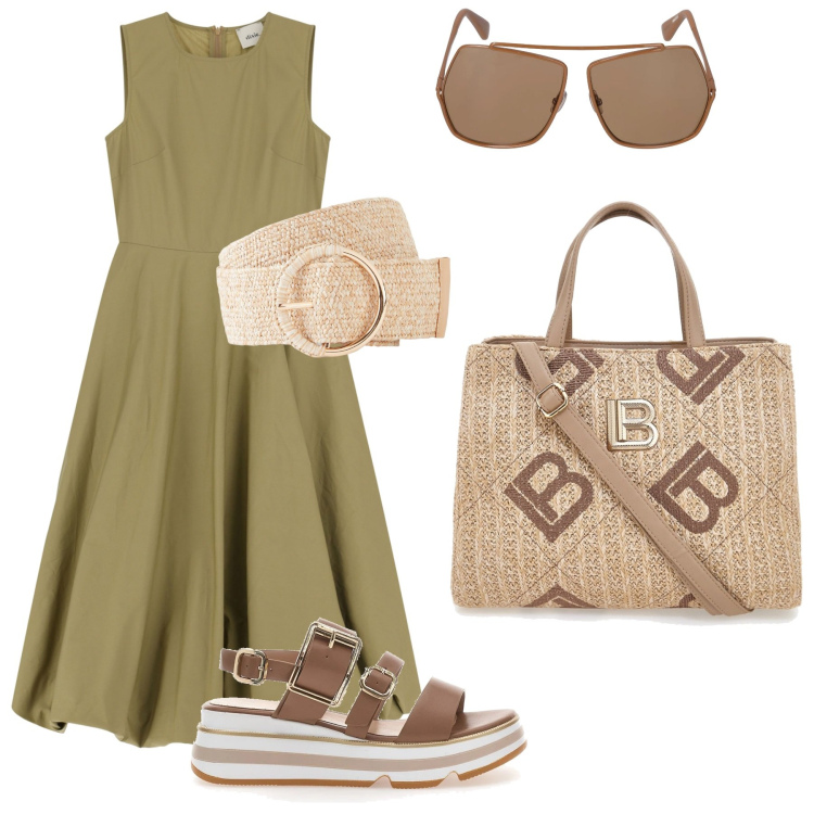 Outfit donna - Abito verde midi. Stile Casual per Tutti i giorni. Abbinamento con cinture, vestiti midi/longuette, sandali, borse a tracolla, occhiali da sole.