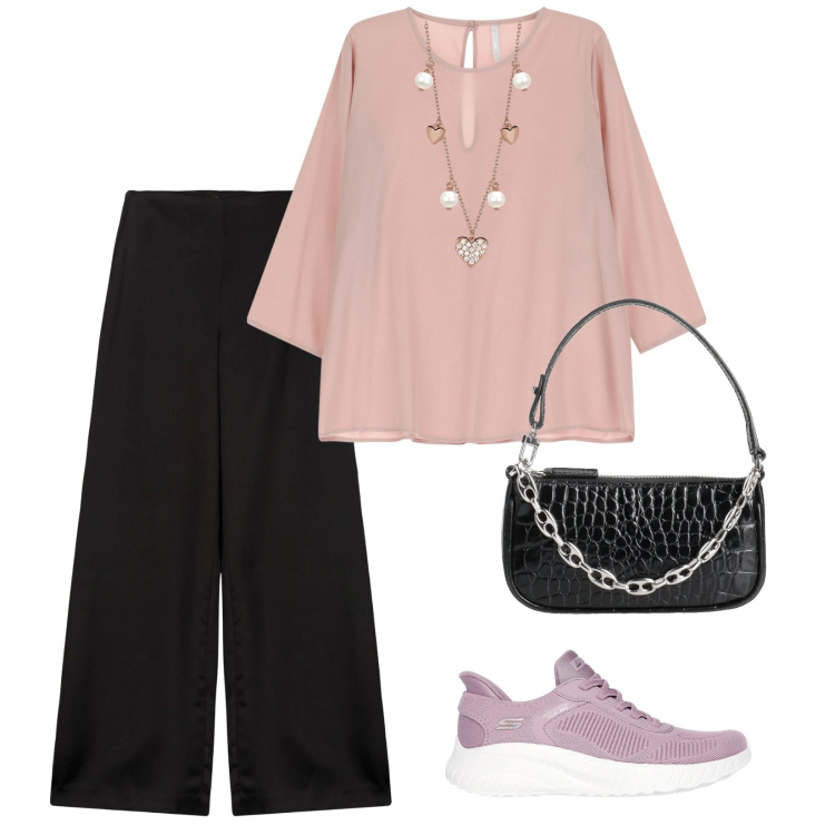Outfit donna - Mattinata di spesa. per Tutti i giorni. Abbinamento con borse a mano, collane, bluse, sneakers, pantaloni a palazzo.