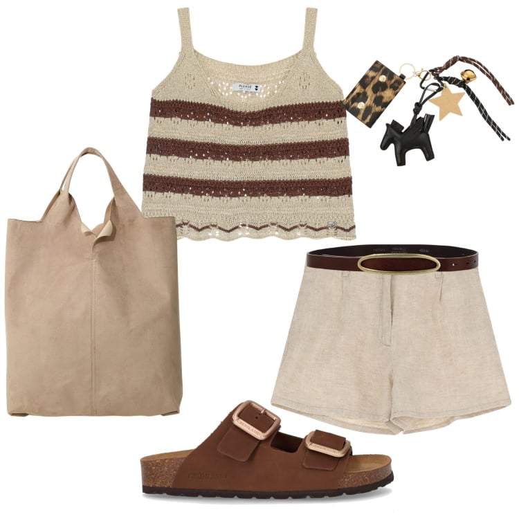 Outfit donna - Estate con Please. Stile Trendy per Mare. Abbinamento con pantaloni corti, top, shopping bag, portachiavi, cinture, ciabatte.