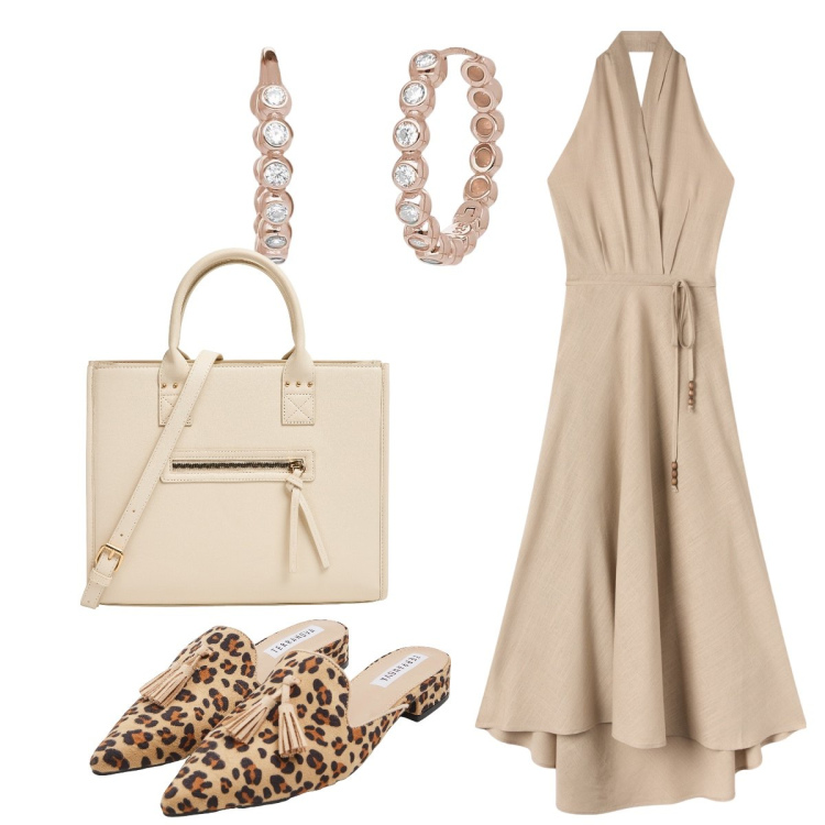 Outfit donna - Serata con le amiche. Stile Chic per Serata fuori. Abbinamento con sabot, vestiti lunghi, shopping bag, orecchini.
