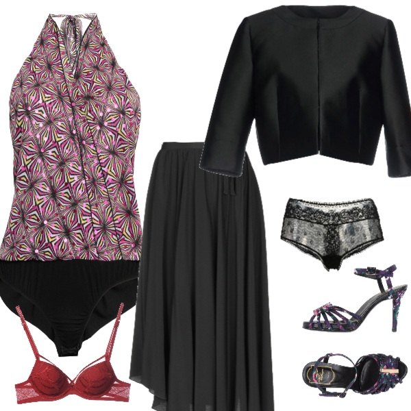 Outfit donna - Waiting for the new year. Stile Sexy per Serata fuori. Abbinamento con top, slip con pizzo interno semi-foderato in seta crêpe, gonna longuette a trapezio effetto acetato con laccetti interno foderato in seta crêpe, giacca collo tondo interno foderato in raso tinta unita, reggiseno push-up con ricamo interno imbottito in tulle tinta unita, sandali con fiocco fantasia multicolore con cinturino e punta tonda.
