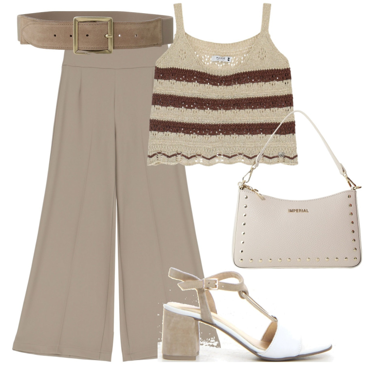 Outfit donna - Please - Drive me to the sea!. Stile Casual chic per Tutti i giorni. Abbinamento con pantaloni a palazzo, top, borse a spalla, cinture, sandali col tacco.