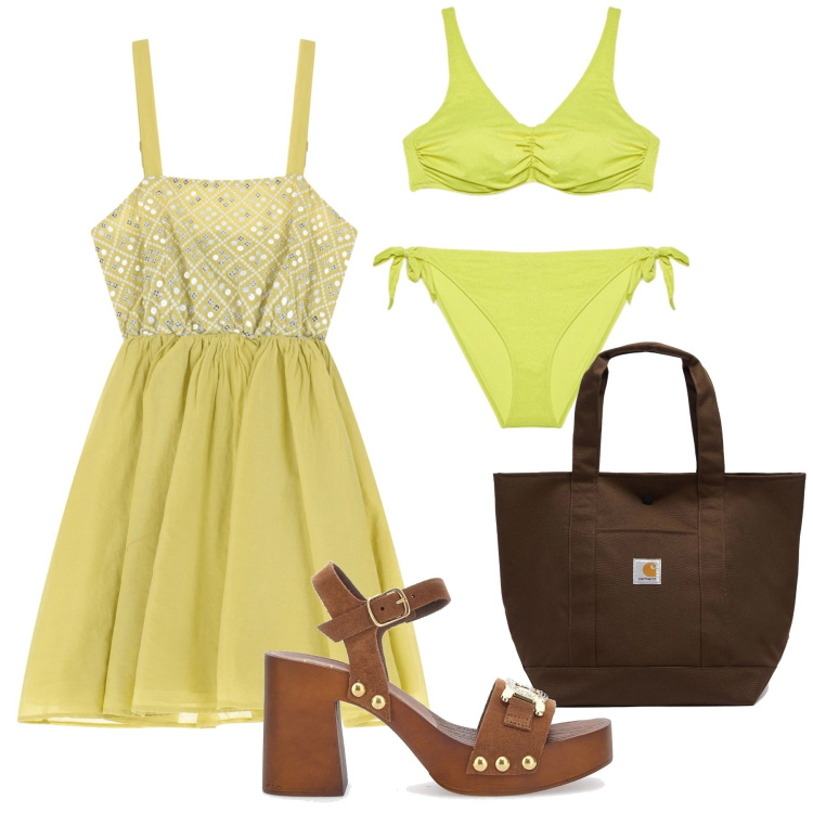 Outfit donna - Paillettes al mare. Stile Chic per Mare. Abbinamento con vestiti corti, bikini, borse tote, zoccoli.
