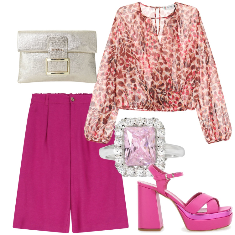 Outfit donna - Blusa light. Stile Chic per Tutti i giorni. Abbinamento con pochette, shorts, anelli, bluse, sandali col tacco.