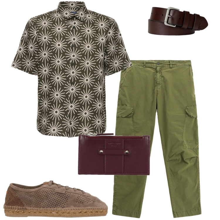 Outfit uomo - Sporty chic. Stile Trendy per Serata speciale. Abbinamento con espadrillas, portafogli, pantaloni cargo, cinture, camicie.
