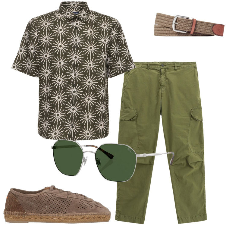 Outfit uomo - Sporty chic. Stile Trendy per Serata speciale. Abbinamento con espadrillas, pantaloni cargo, occhiali da sole, cinture, camicie.