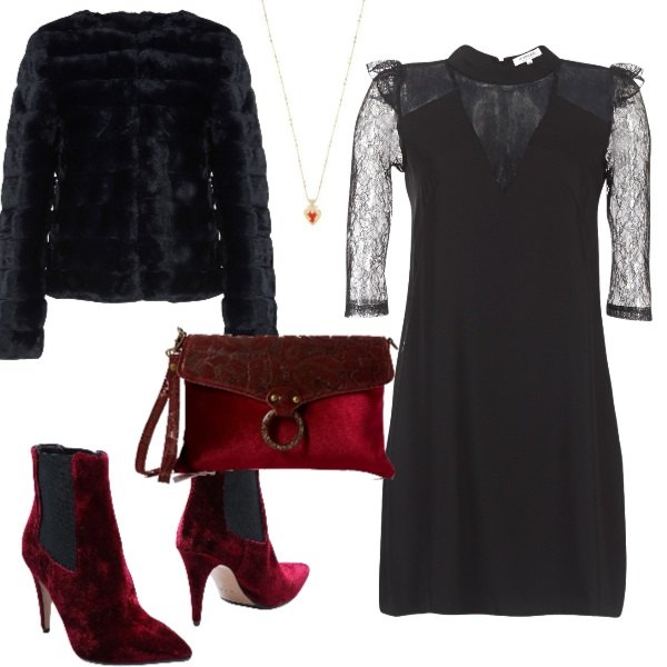 Outfit donna - Welcome 2019. Stile Trendy per Serata fuori. Abbinamento con cappotto, stivaletti a punta in velluto tinta unita, collana in ottone oro, vestito corto nero, borsa a spalla in pelle rosso.