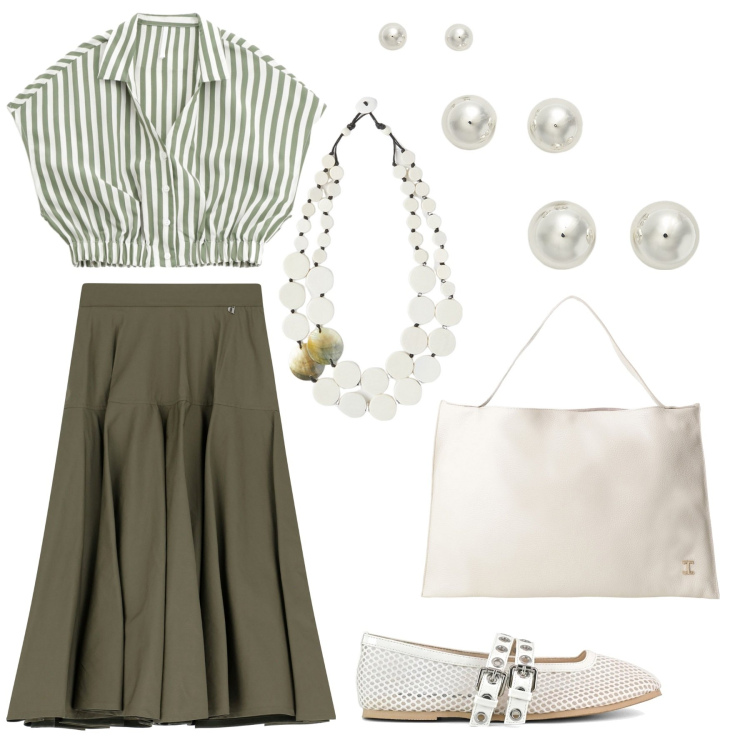 Outfit donna - Total look #2181597. Stile Casual per Tutti i giorni. Abbinamento con camicie a manica corta, borse a spalla, gonne lunghe, orecchini, ballerine, ciondoli.
