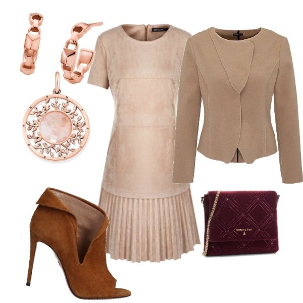 Outfit donna - Nuance marroni. Stile Bon Ton per Tutti i giorni. Abbinamento con stivaletti effetto scamosciato open toe tinta unita, orecchini, vestito multicolore e rosa e grigio, coprispalle beige, pendente in sterling 925 argento, pochette con strass interno foderato in velluto.