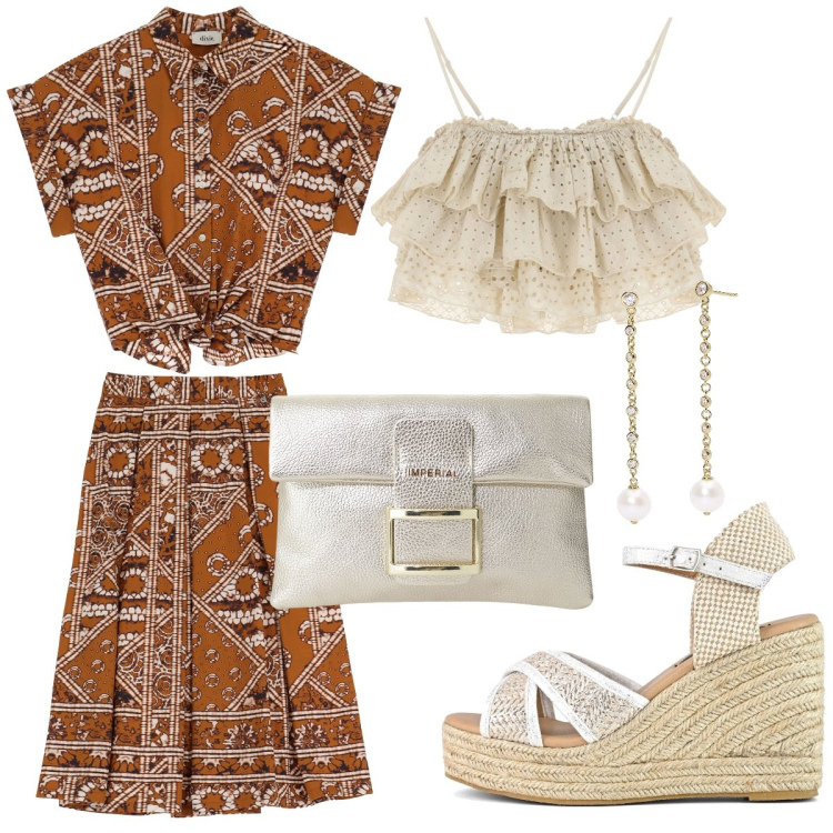 Outfit donna - Il top romantico. Stile Chic per Serata fuori. Abbinamento con orecchini, pochette, camicie a manica corta, top, gonne lunghe, zeppe.