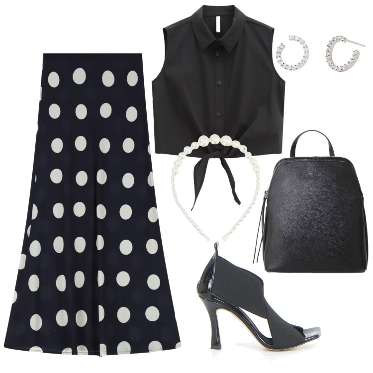 Outfit donna - Retrò con tocco moderno. Stile Vintage retrò per Serata fuori. Abbinamento con orecchini, camicie, gonne lunghe, zaini, cerchietti, sandali in pelle.