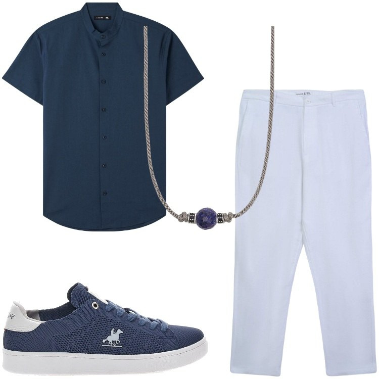 Outfit uomo - Lino in estate. Stile Casual per Tutti i giorni. Abbinamento con camicie a manica corta, pantaloni chino, collane, sneakers.