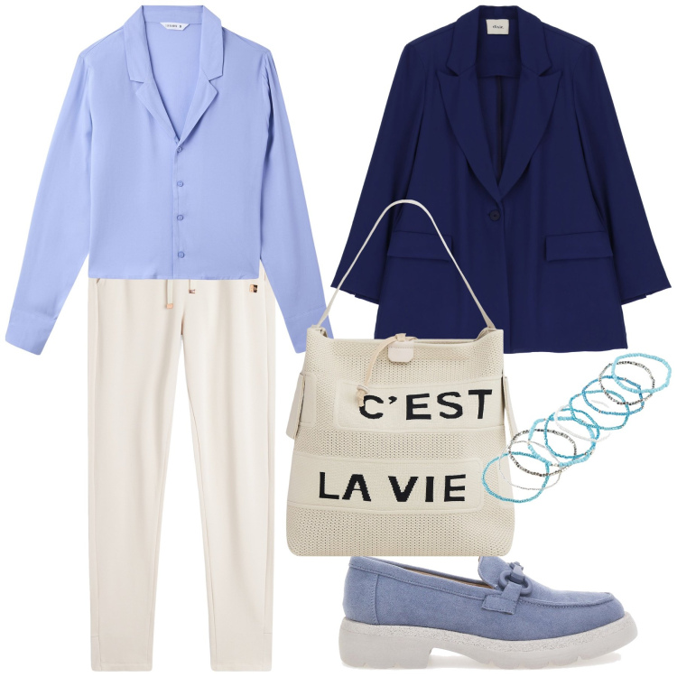 Outfit donna - La vita in ufficio. Stile Urban per Ufficio. Abbinamento con braccialetti, camicie, borse a mano, pantaloni, blazer, mocassini.