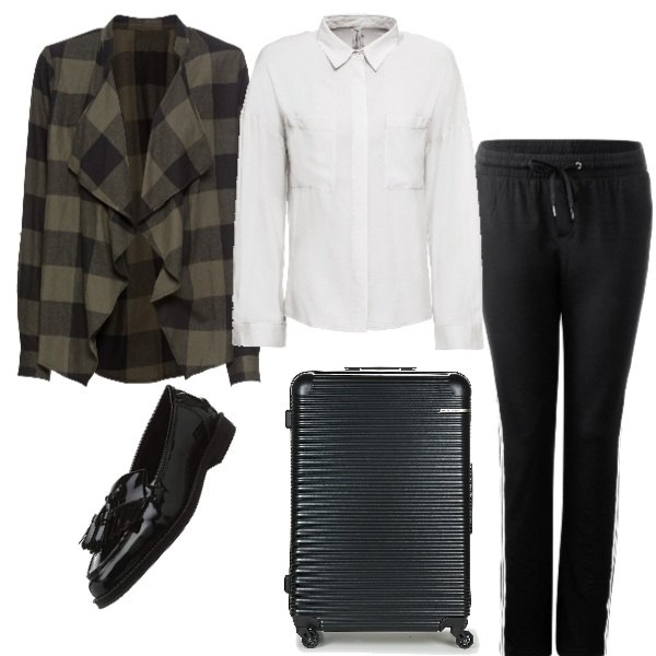 Outfit donna - Partiamo con la fantasia. Stile Basic per Ufficio. Abbinamento con giacca, camicetta, valigia nero, pantalone nero, mocassini nero.
