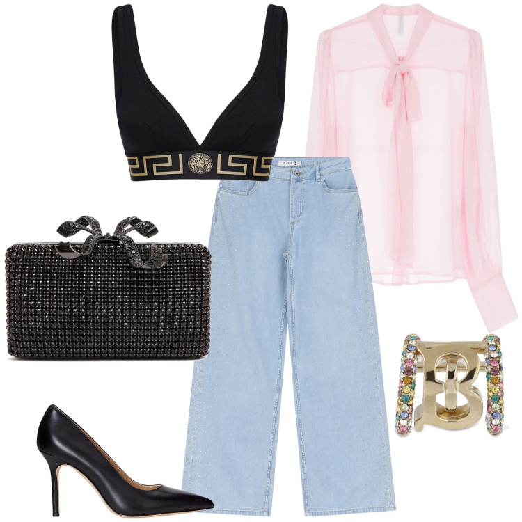 Outfit donna - Notturne trasparenze in jeans. Stile Sexy per Serata fuori. Abbinamento con jeans, camicie, décolleté, reggiseni, orecchini, pochette.