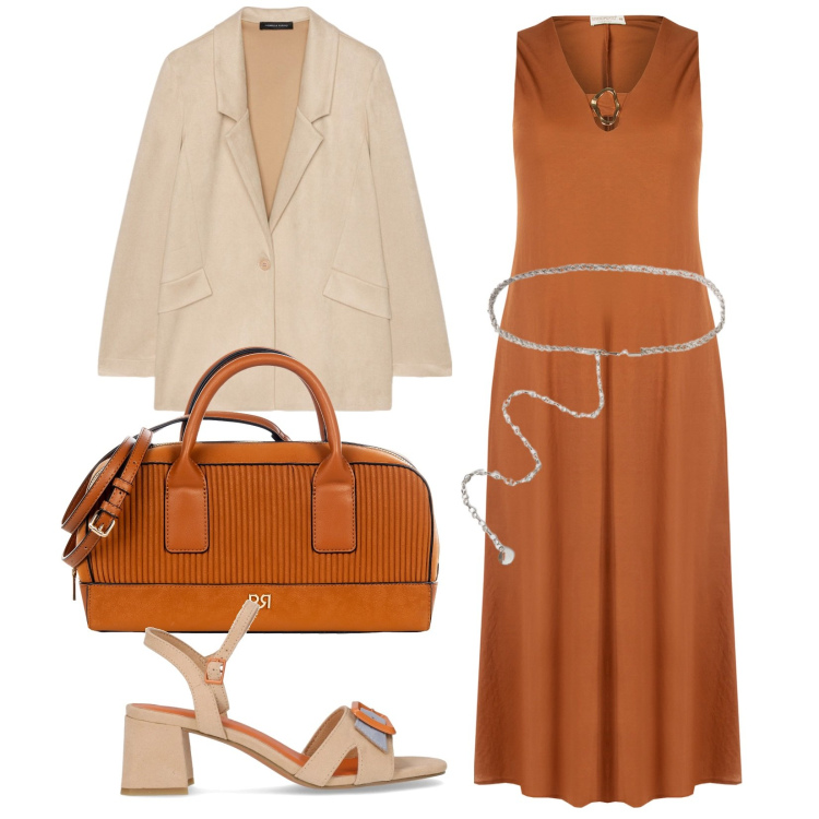 Outfit donna - Comoda al lavoro. Stile Minimal per Ufficio. Abbinamento con vestiti senza maniche, borse a mano, blazer, sandali col tacco, cinture.