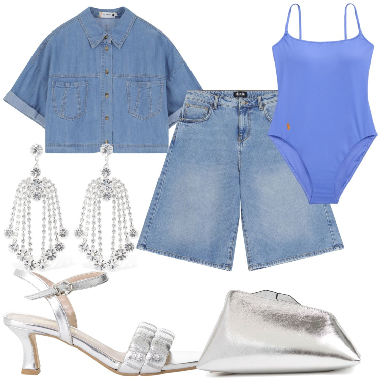 Outfit donna - Accessori argento per l aperitivo marino. Stile Glamour per Mare. Abbinamento con camicie a manica corta, sandali col tacco, bermuda, costumi interi, pochette, orecchini.