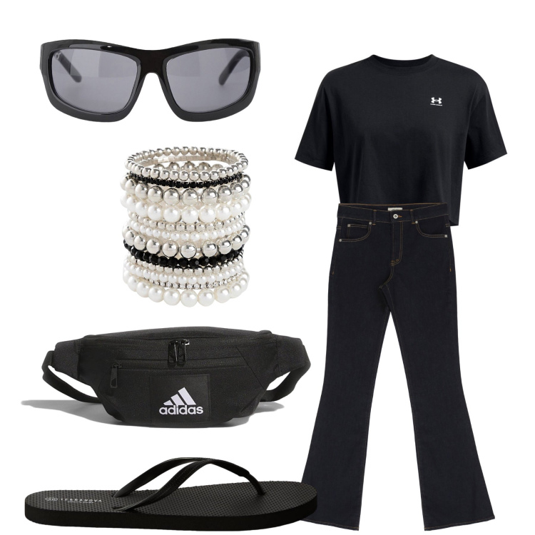 Outfit donna - Un bracciale importante at home. Stile Casual chic per Tutti i giorni. Abbinamento con braccialetti, infradito, occhiali da sole, jeans, t-shirt, marsupi.