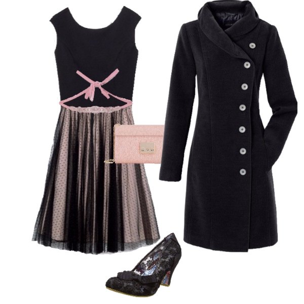 Outfit donna - Happy new year!. Stile Bon Ton per Serata fuori. Abbinamento con cappotti, vestito multicolore e nero, cintura con fusciacca e perline con laccetti lunghezza regolabile, scarpe col tacco con pizzo nero, pochette.