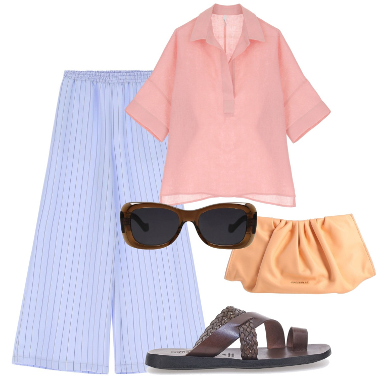 Outfit donna - Minimal chic. Stile Chic per Tutti i giorni. Abbinamento con borse a mano, occhiali da sole, pantaloni a palazzo, camicie a manica corta, ciabatte.