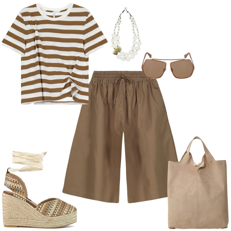 Outfit donna - Total look #2181622. Stile Trendy per Tutti i giorni. Abbinamento con t-shirt, shopping bag, bermuda, zeppe, occhiali da sole, ciondoli.