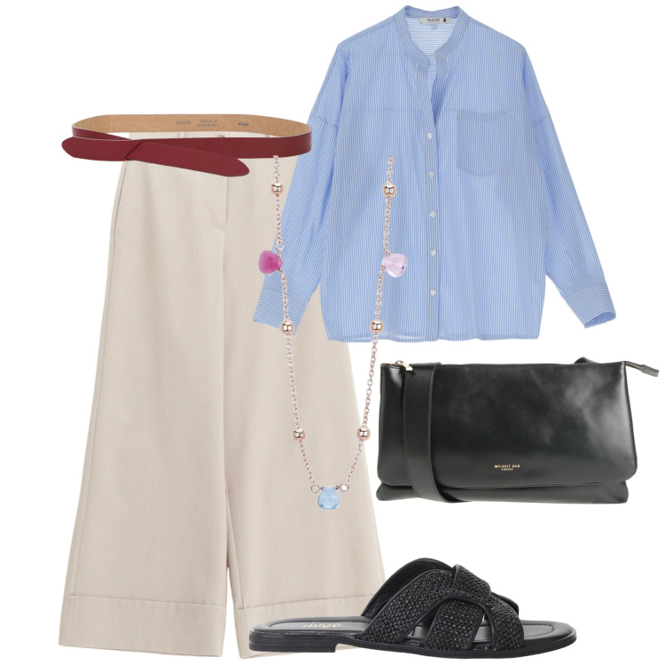 Outfit donna - Minimal chic. Stile Chic per Tutti i giorni. Abbinamento con borse a tracolla, collane, camicie, sandali, pantaloni a palazzo, cinture.