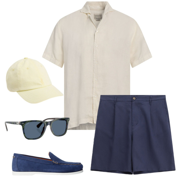 Outfit uomo - Fresco lino. Stile Casual per Tutti i giorni. Abbinamento con camicie a manica corta, bermuda, scarpe stringate, occhiali da sole, cappelli.