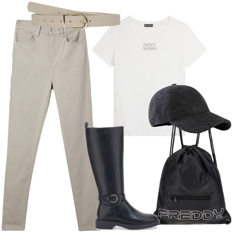 Outfit donna - Passeggiata a cavallo. Stile Sporty chic per Sport. Abbinamento con cappelli con visiera, pantaloni skinny, cinture, t-shirt, zaini, stivali sopra il ginocchio.