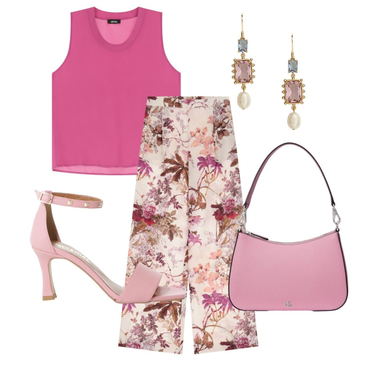 Outfit donna - Positano con i pantaloni a fiori. Stile Bon Ton per Serata fuori. Abbinamento con sandali col tacco, pantaloni, top, orecchini, borse a spalla.