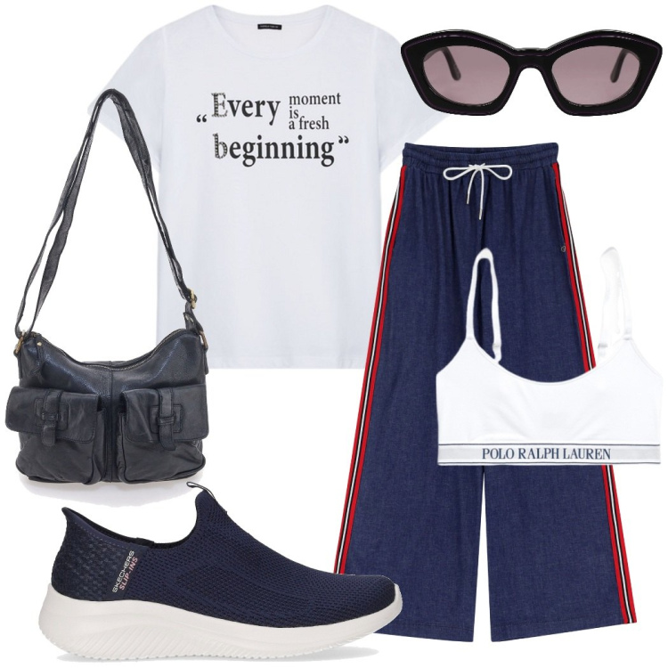 Outfit donna - Al parco con Fido. Stile Sporty chic per Tutti i giorni. Abbinamento con occhiali da sole, pantaloni a palazzo, canottiere, t-shirt, borse a tracolla, sneakers.