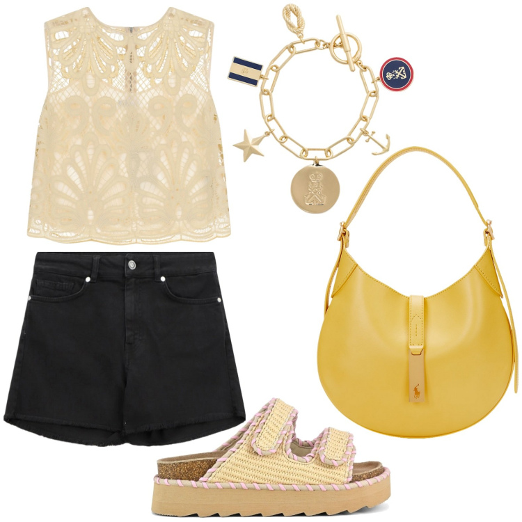 Outfit donna - Dixie a Positano. Stile Minimal per Tutti i giorni. Abbinamento con top, shorts, braccialetti con ciondoli, borse a spalla, sandali.