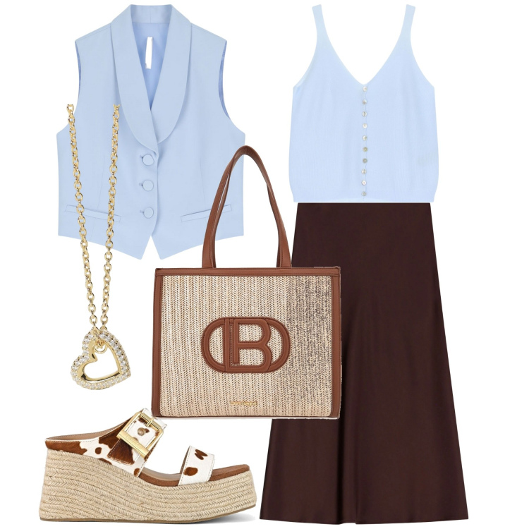 Outfit donna - Minimal chic. Stile Chic per Ufficio. Abbinamento con collane, top, gilet, gonne longuette, zeppe, borse a spalla.