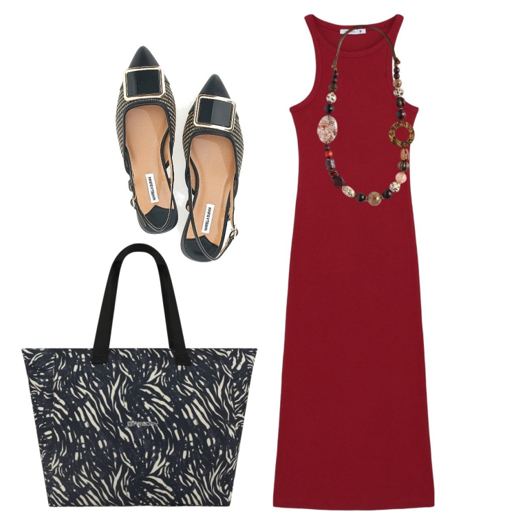 Outfit donna - Ufficio. Stile Bon Ton per Tutti i giorni. Abbinamento con vestiti lunghi, shopping bag, ballerine, collane.