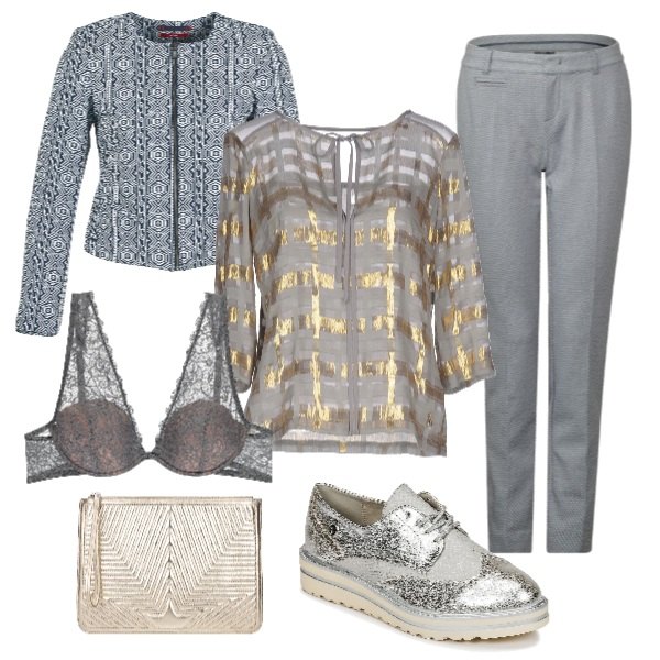 Outfit donna - Fantasie geometriche e trasparenze. Stile Trendy per Serata fuori. Abbinamento con blusa senza tasche fantasia effetto laminato collo tondo con laccetti in tulle crêpe multicolore, pochette con manico e zip in pelle oro, giacca blu, scarpe col tacco, reggiseno a balconcino con pizzo e spalline con gancetto grigio, pantalone grigio.