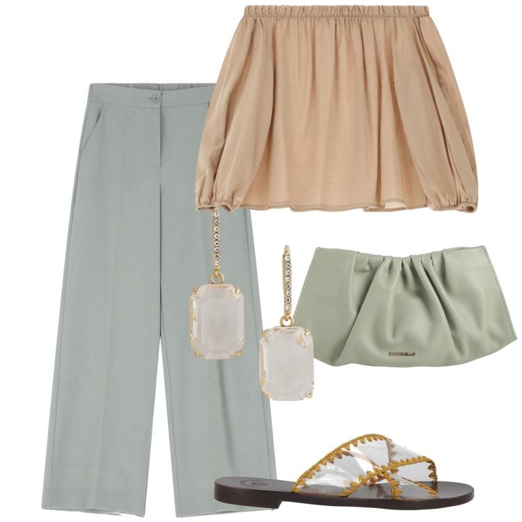 Outfit donna - Minimal chic. Stile Chic per Serata fuori. Abbinamento con borse a mano, sandali in pelle, camicie, pantaloni a palazzo, orecchini.
