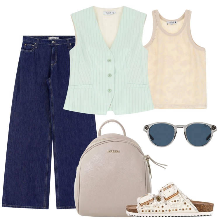 Outfit donna - Zaino in spalla. Stile Casual per Tutti i giorni. Abbinamento con gilet, jeans, top, zaini, occhiali da sole, sandali.