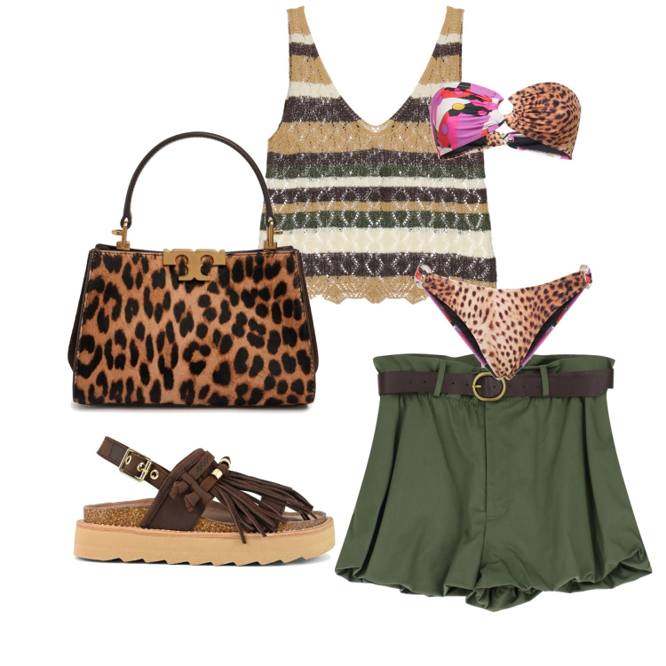 Outfit donna - Safari style. Stile Boho per Mare. Abbinamento con shorts, top, sandali, borse a mano, bikini.