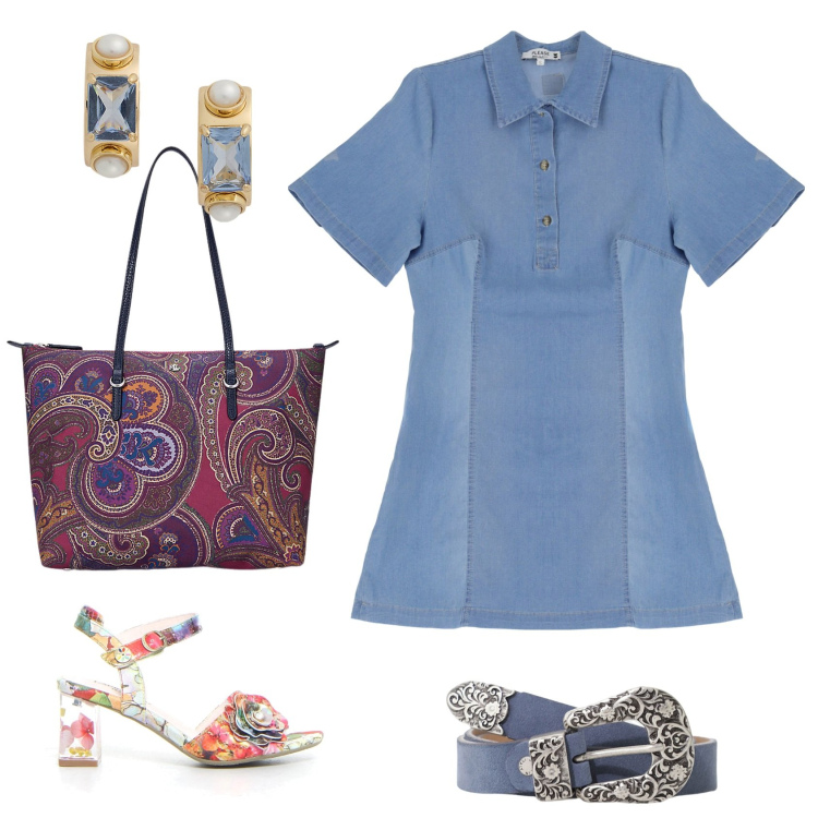 Outfit donna - Total look #2181646. Stile Chic per Tutti i giorni. Abbinamento con vestiti corti, cinture, borse tote, orecchini, sandali col tacco.