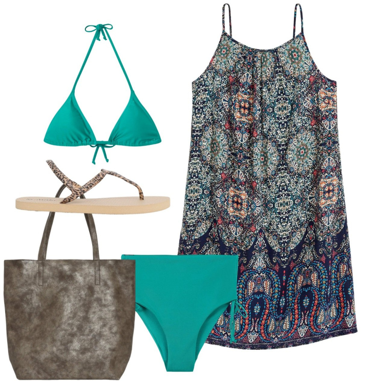 Outfit donna - Bikini. Stile Casual per Mare. Abbinamento con vestiti, bikini, borse tote, bikini, ciabatte.