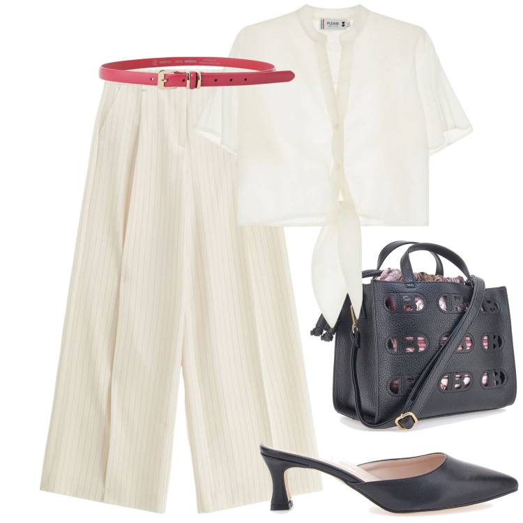 Outfit donna - Minimal chic. Stile Chic per Ufficio. Abbinamento con pantaloni a palazzo, camicie a manica corta, cinture, ciabatte, borse a mano.