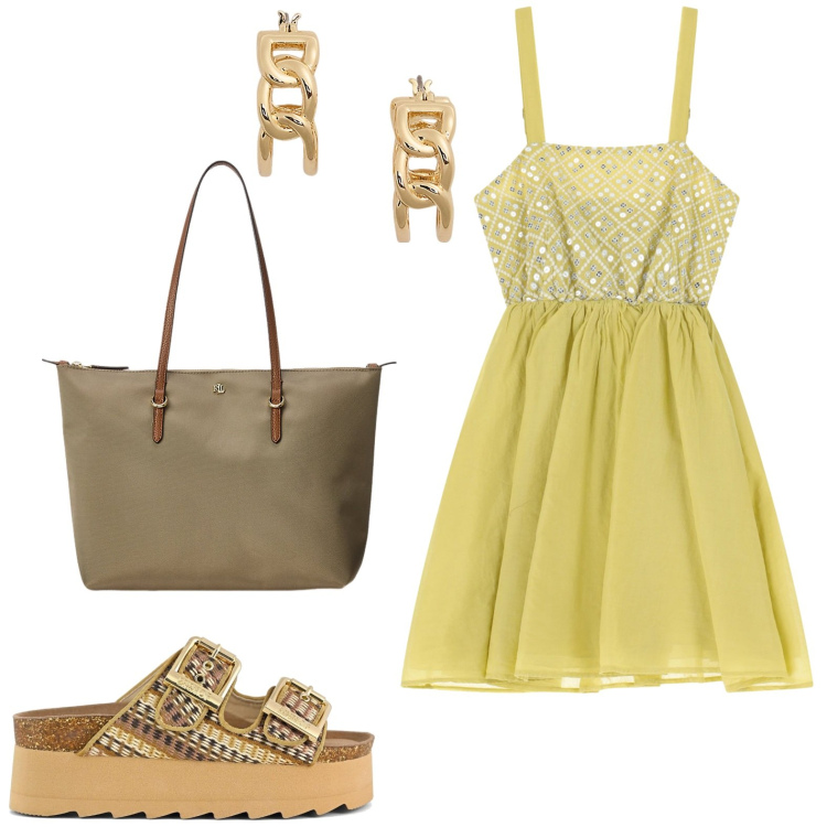 Outfit donna - Dixie a Positano. Stile Minimal per Serata fuori. Abbinamento con vestiti corti, borse tote, orecchini, sandali.