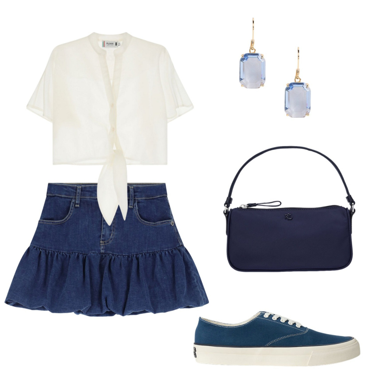 Outfit donna - Total look #2181650. Stile Casual chic per Tutti i giorni. Abbinamento con camicie a manica corta, minigonne, orecchini, pochette, sneakers.